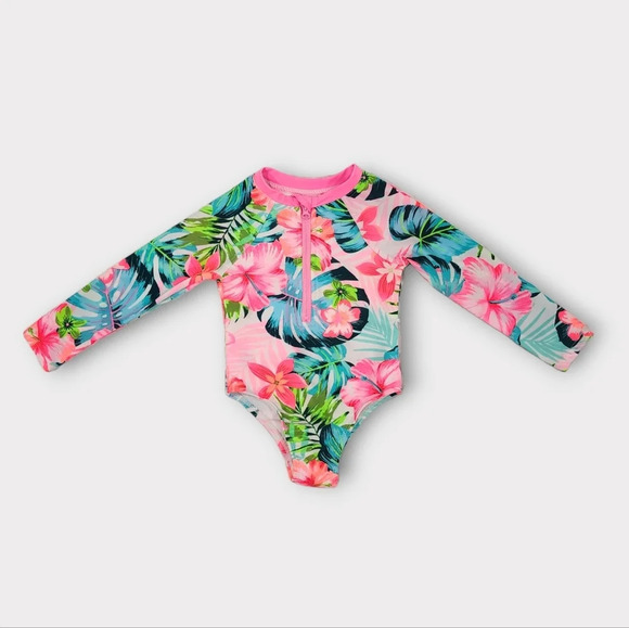 Wonder Nation Tropical Floral Coral Aqua One-Piece Rash Guard Swimsuit Size 18m - Picture 5 of 5